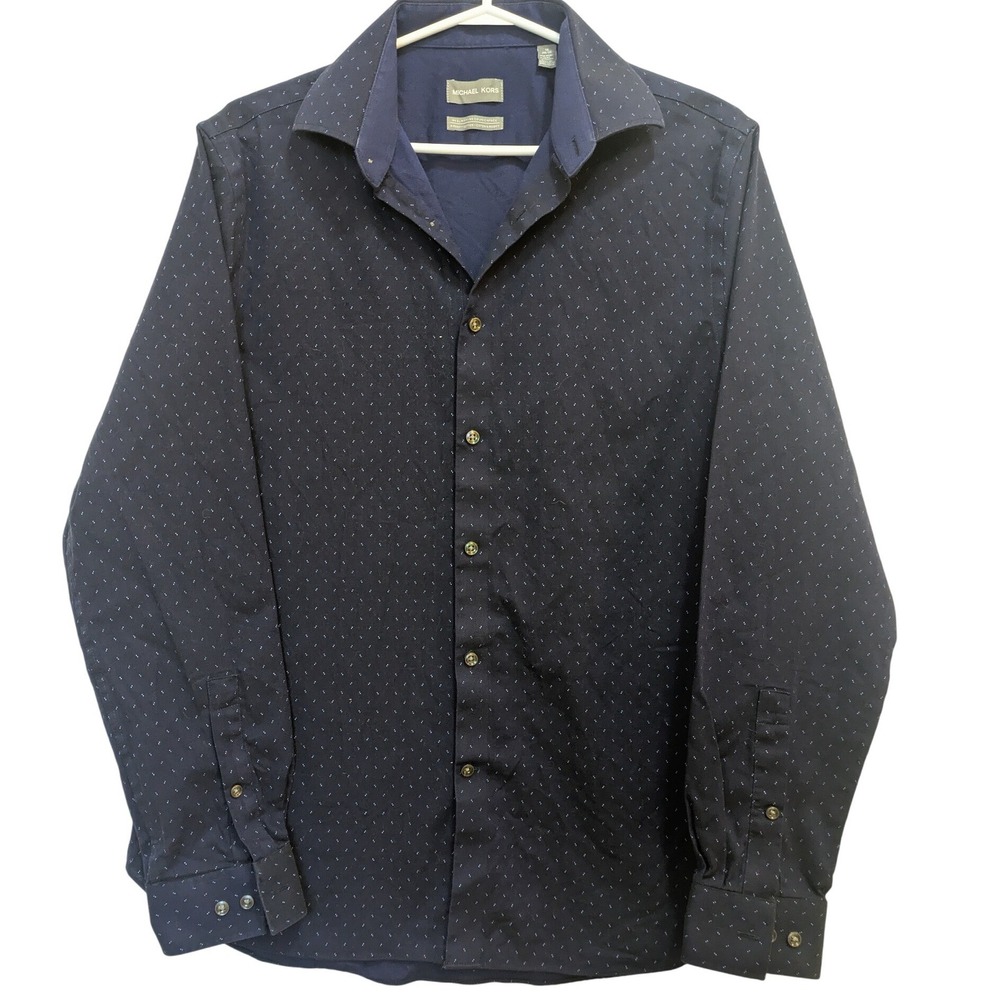 Michael Kors Men's 16 34/35 Slim Fit Navy Micro‎ Dot Button Up Dress Shirt